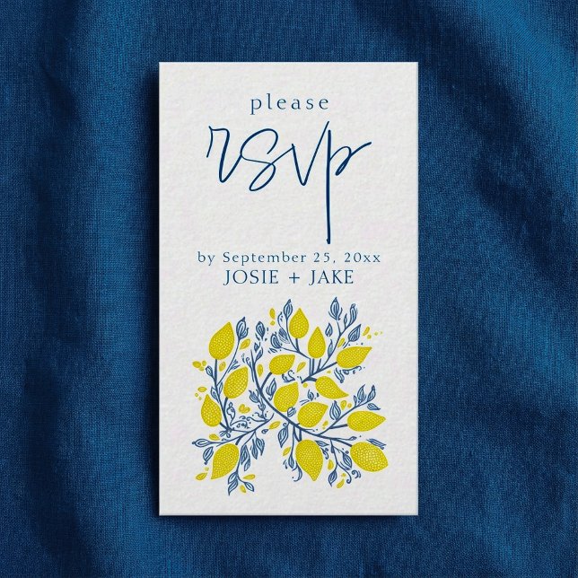 Blått och gult citronvins osa tilläggskort (Bright blue and yellow lemon vines rsvp enclosure card.)