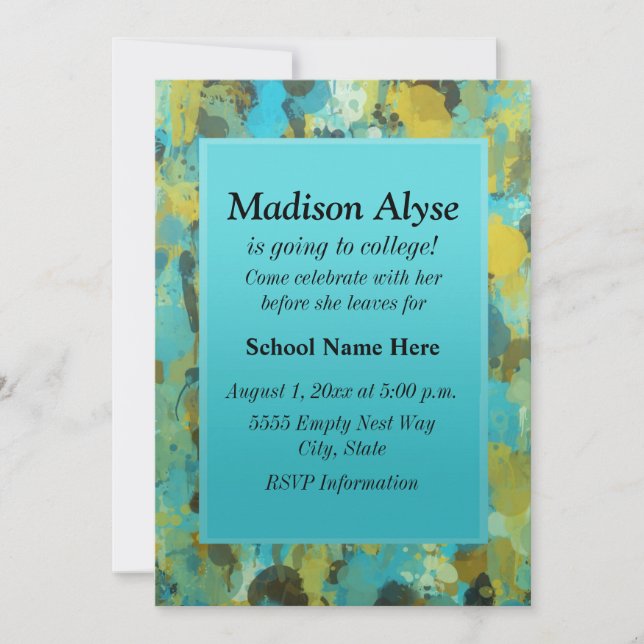 Blått och Gult, färg "Av till högskola" Inbjudan (Framsida)