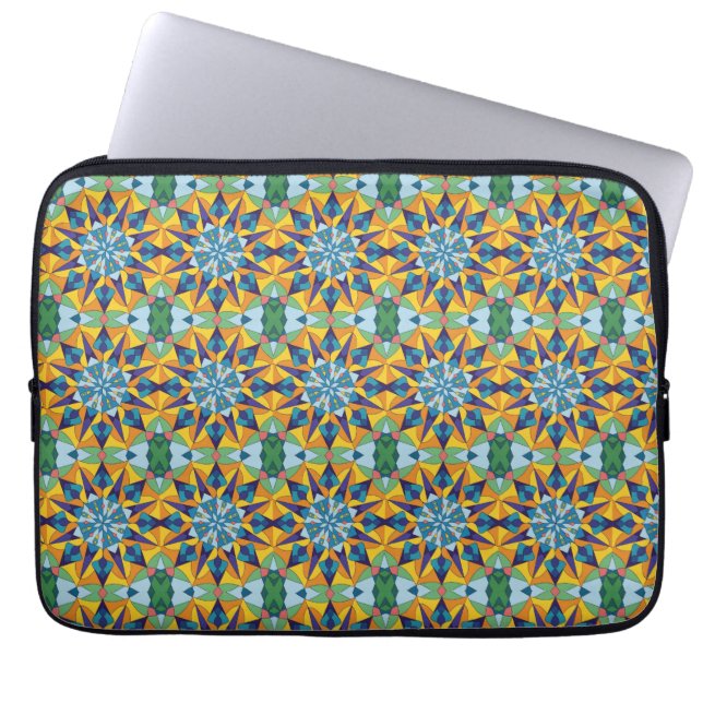 Blått och gult fraktalt geometriskt mönster laptop fodral (Framsidan)
