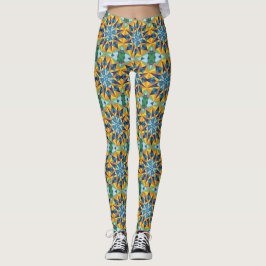 Blått och gult fraktalt geometriskt mönster leggings