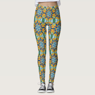 Blått och gult fraktalt geometriskt mönster leggings