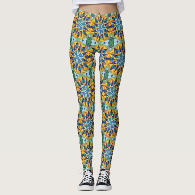 Blått och gult fraktalt geometriskt mönster leggings (Framsida)