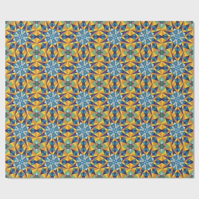 Blått och gult fraktalt geometriskt mönster presentpapper (Platt)