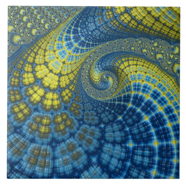 Blått och Gult Groovy Batik Se fjällande Abstrakt Kakelplatta (Framsidan)