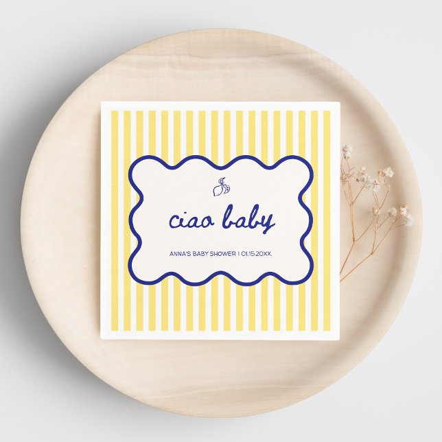 Blått och Gult i Ciao Baby Hand plockade och babys Pappersservett (ciao baby yellow stripes hand drawn italian ciao bambino baby shower citrus lemon butter yellow)