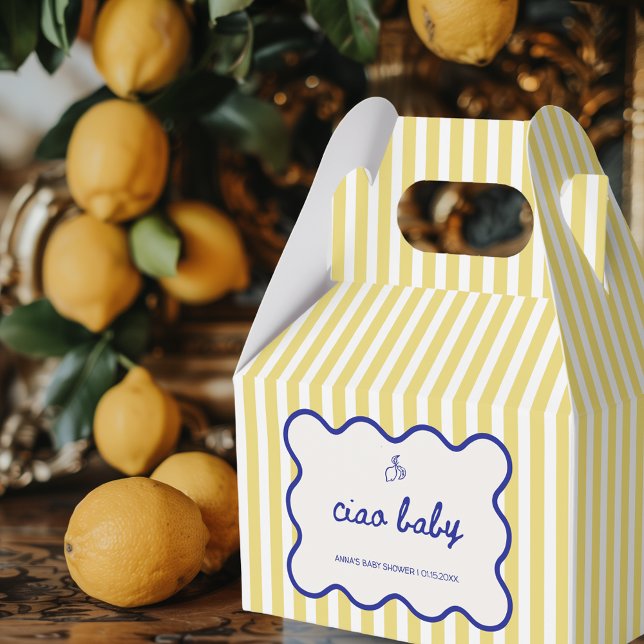 Blått och Gult i Ciao Baby Hand plockade och babys Presentaskar (ciao baby blue and yellow hand drawn favor boxes for italian baby shower inspired by lemons)