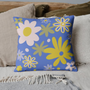 Blått och gult ljusstark blommigt kudde