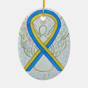 Blått och Gult Medvetenhet Ribbon Angel Ornament
