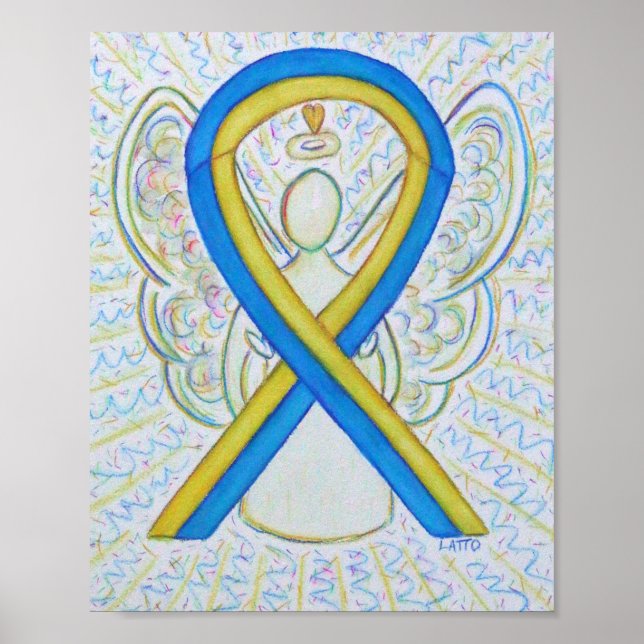 Blått och Gult Medvetenhet Ribbon Angel Poster (Framsidan)