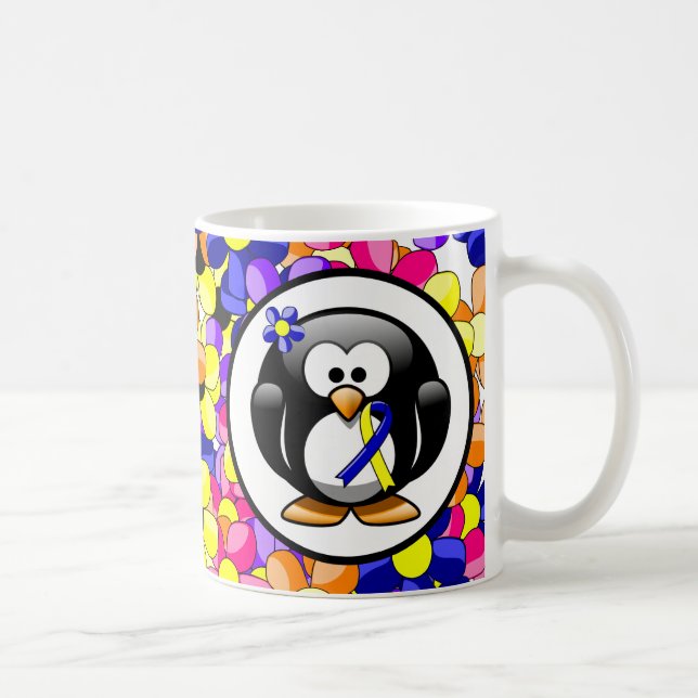 Blått och Gult - medvetenhet Ribbon Penguin Kaffemugg (Höger)