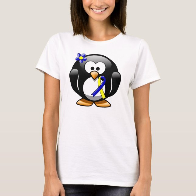 Blått och Gult - medvetenhet Ribbon Penguin T-shirt (Framsida)