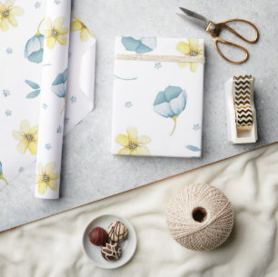 Blått och gult, mjuk blommigt, babydusch presentpapper