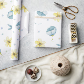 Blått och gult, mjuk blommigt, babydusch presentpapper