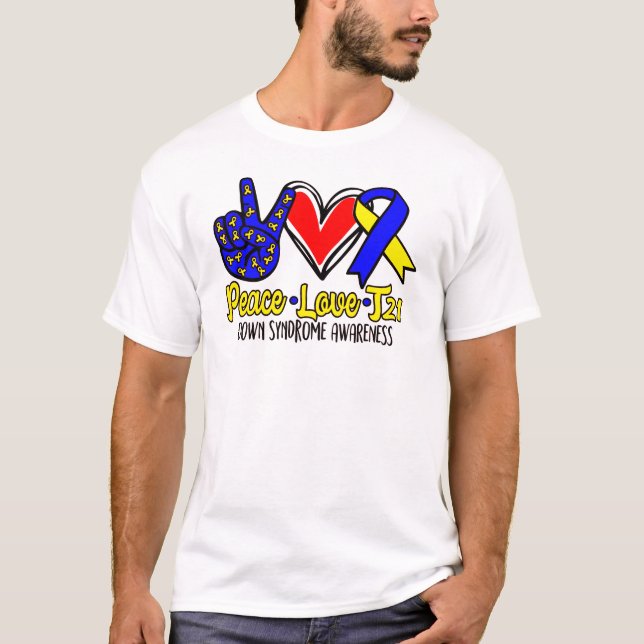 Blått och Gult nedåt Syndrome Awareness oktober T Shirt (Framsida)