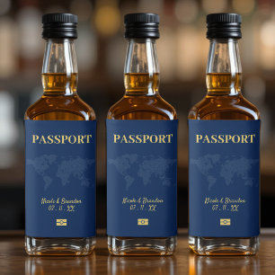 Blått och Gult Passport Destinationsbröllop Spritflaskor Etikett
