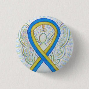 Blått och Gult Ribbon Awareness Angel Stift Knapp