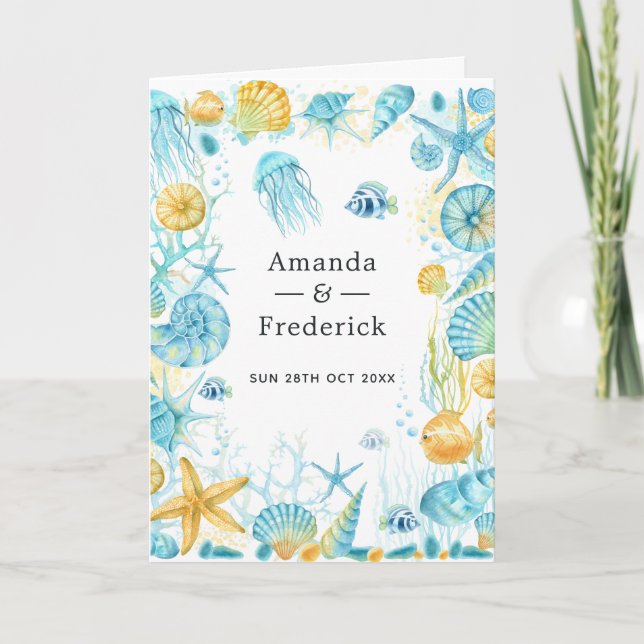 Blått och Gult Sea Life Bröllop Program (Framsida)