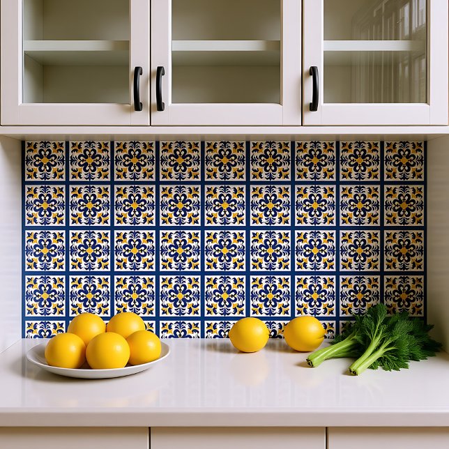 💛 blått och gult, symmetriska Azulejos Kakelplatta (💛💙 Blue and yellow, symmetrical Azulejos Ceramic Tile)