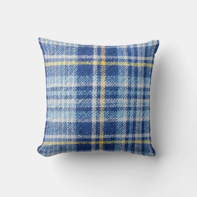 Blått och gult tartan eller pläterad bakgrund för  kudde (Framsida)