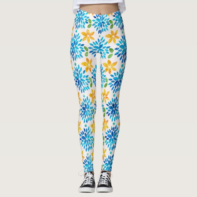 Blått och Gult vattenfärg blomma Mönster Leggings (Framsida)