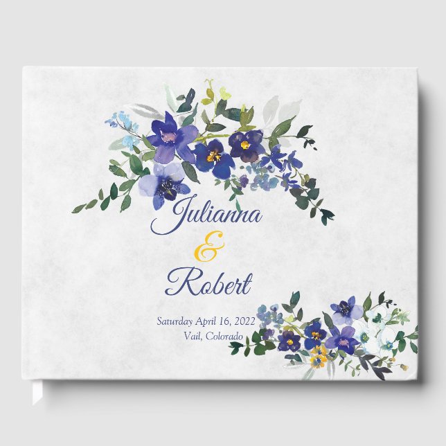 Blått och gult, vattenfärg blommigt bröllop gästböcker (Framsida)