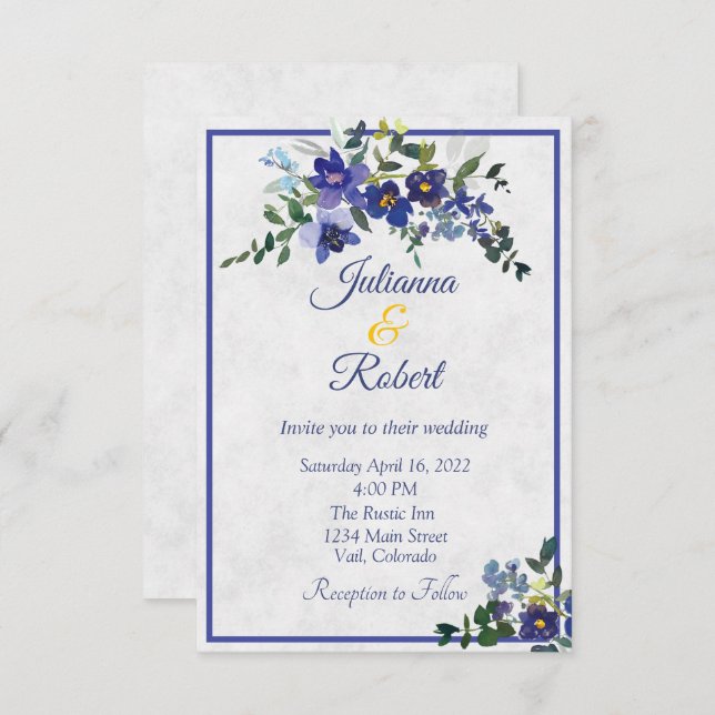 Blått och gult vattenfärg blommigt bröllop invitat inbjudningar (Fram/baksida)