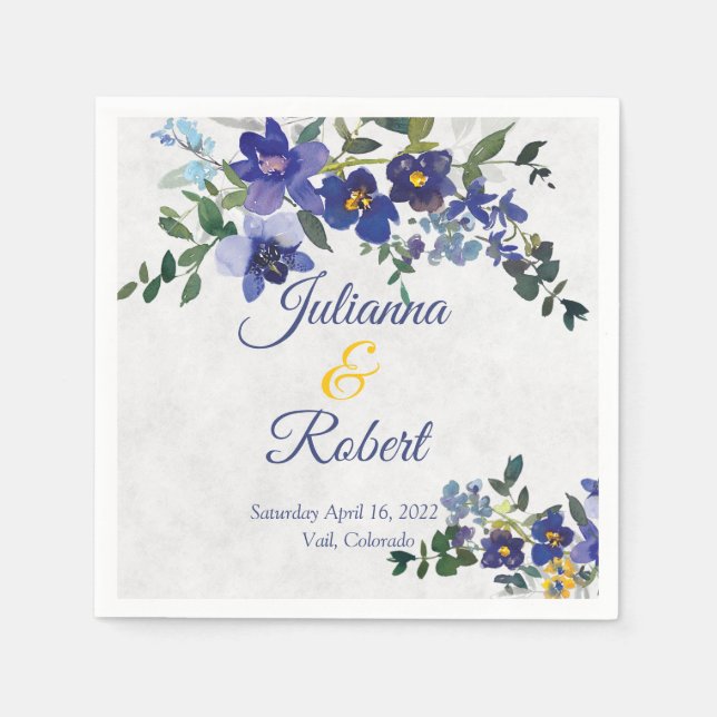 Blått och gult, vattenfärg blommigt bröllop pappersservett (Framsidan)