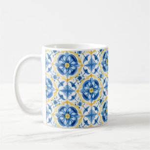 💛 Blått och gult, vattenfärgsblommigt Azulejos Kaffemugg