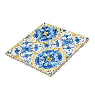 💛 Blått och gult, vattenfärgsblommigt Azulejos Kakelplatta