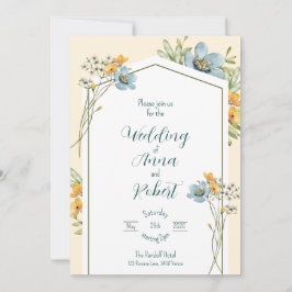 Blått och Gult Wildblommor Geometric Bröllop Inbjudningar