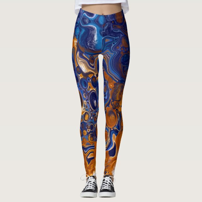 Blått och koppar Abstrakt Modern Art Leggings (Framsida)