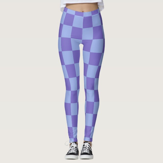 Blått och lavender Checkerboard Mönster Leggings (Framsida)