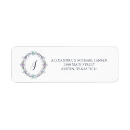 Blått och Lila Blommigt Utandning Bröllop Monogram Returadress Etikett