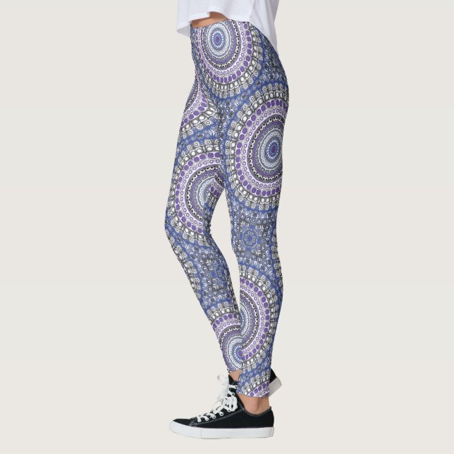 Blått och Lila Mandala Geometric Circular Mönster Leggings (Vänster)