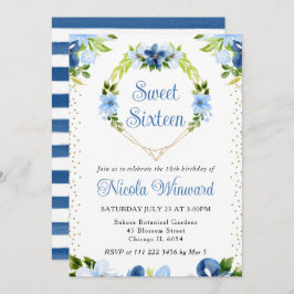 Blått och marint blommor Hjärtkransfrand Katt 16 Inbjudningar