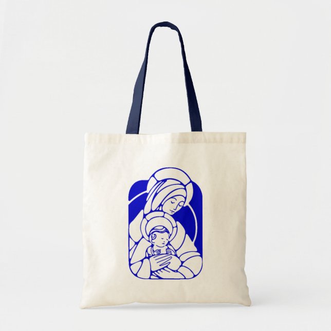 Blått och mor och barn för vit helig tygkasse (Framsidan)