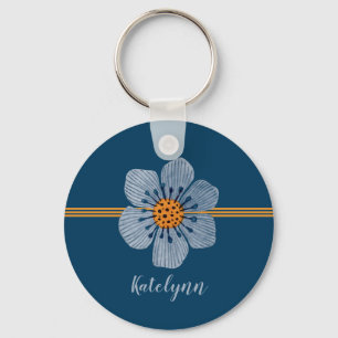 Blått och orange blommapersonlig Keychain Nyckelring