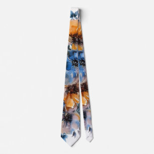 Blått och Orange Färg Blommigt Bröllop Groom Slips