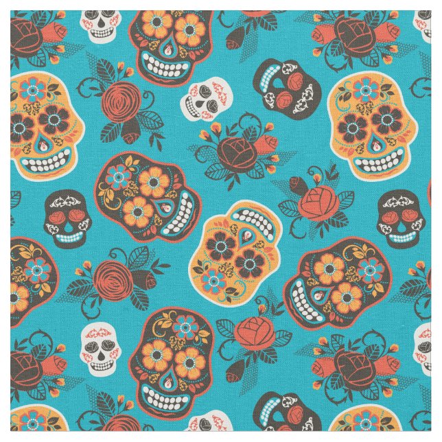 Blått och Orange för Day of the dead Döskallar Tyg (Närbild)