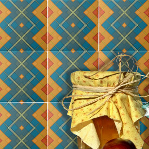 Blått och Orange Geometric Mosaic Checkated Mönste Kakelplatta