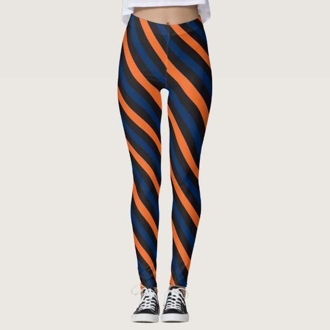 Blått och orange liten diagonal randdamasker leggings (Framsida)