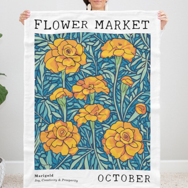 Blått och Orange Marigold Oktober FLOW-marknaden Fleecefilt (Personalized October Birth Flower Market Print Fleece Blanket, Customizable Marigold Floral Blanket)