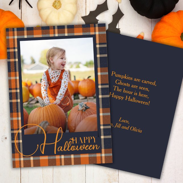 Blått och Orange-pingst Happy halloween-foto Julkort (Blue And Orange Plaid Happy Halloween Photo Holiday Card)