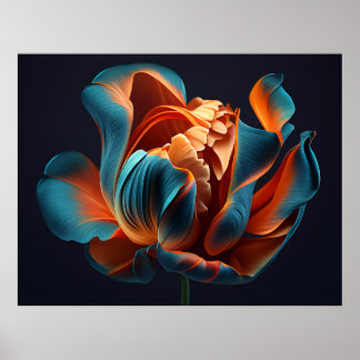 Blått och Orange Tulip på en fetstilt svart bakgru Poster