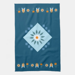 Blått och Orange Uggla-blommans folkart Kökshandduk