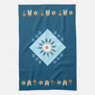 Blått och Orange Uggla-blommans folkart Kökshandduk