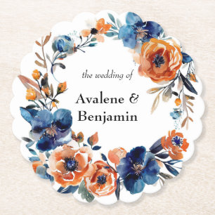 Blått och Orange Vattenfärg Blommigt Bröllop Underlägg Papper