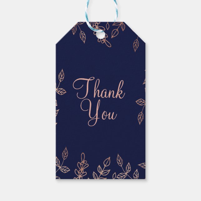 Blått och Ro Guld Glam Botaniska Elegant bröllop Presentetikett (Framsidan)