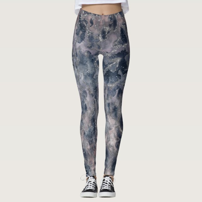 Blått och  Ro Rosa Abstrakt Vattenfärgstreck Leggings (Framsida)