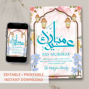Blått och rosa akvarell blomster Eid Mubarak-kort Julkort